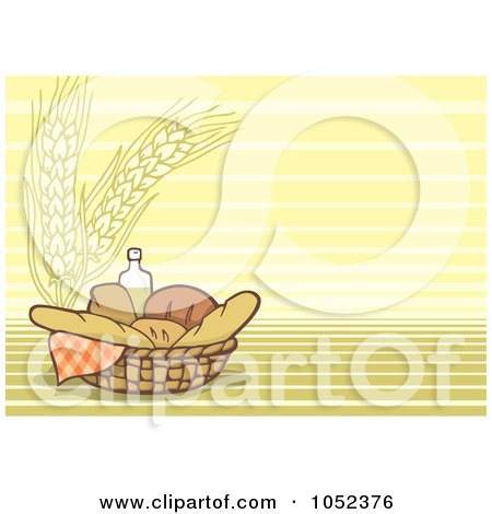 Royalty-Free Vector Clip Art Illustration of Bread And Oil In A Basket, Over A Wheat Background by Any Vector