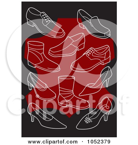 Royalty-Free Vector Clip Art Illustration of a Background Of White Shoes On Black And Red by Any Vector