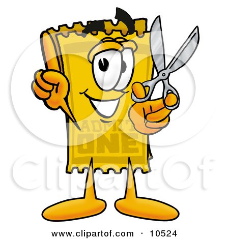 Clipart Picture of a Yellow Admission Ticket Mascot Cartoon Character Holding a Pair of Scissors by Mascot Junction