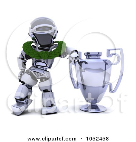 Royalty-Free 3d Clip Art Illustration of a 3d Robot Standing By A Trophy by KJ Pargeter