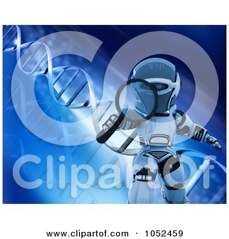 Royalty-Free 3d Clip Art Illustration of a 3d Robot Holding A Magnifying Glass Over Blue Dna by KJ Pargeter