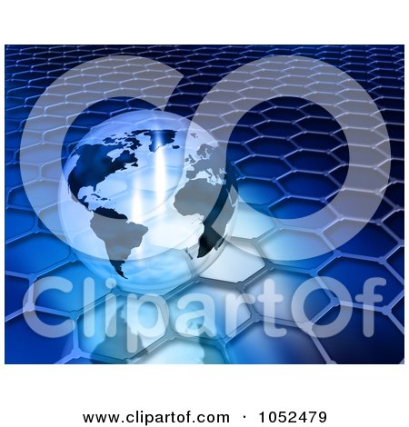 Royalty-Free 3d Clip Art Illustration of a 3d Transparent Globe On Blue Honeycombs by KJ Pargeter