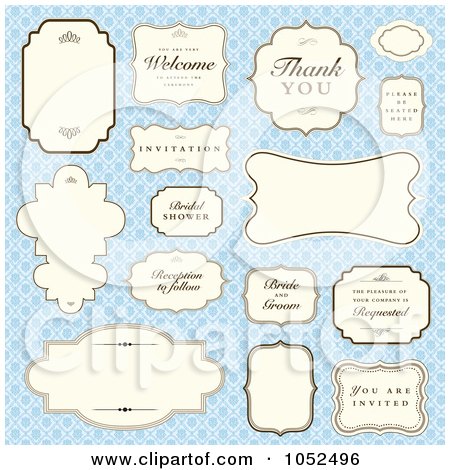 Royalty-Free Vector Clip Art Illustration of a Digital Collage Of Wedding Labels And Greetings Over A Blue Floral Pattern by BestVector