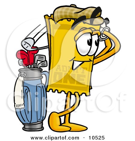 Clipart Picture of a Yellow Admission Ticket Mascot Cartoon Character Swinging His Golf Club While Golfing by Mascot Junction