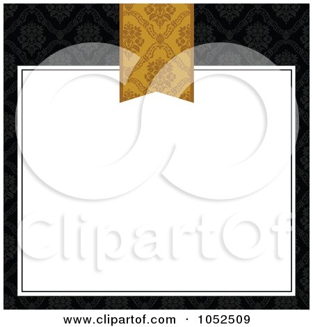 Royalty-Free Vector Clip Art Illustration of a Gold Book Mark Over A White Text Box On Floral Black by BestVector