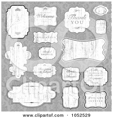 Royalty-Free Vector Clip Art Illustration of a Digital Collage Of Distressed Wedding Labels And Greetings Over A Gray Floral Pattern by BestVector