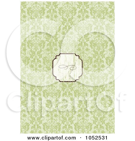 Royalty-Free Vector Clip Art Illustration of a Blank Distressed Text Box Over A Green Damask Floral Invitation Background by BestVector
