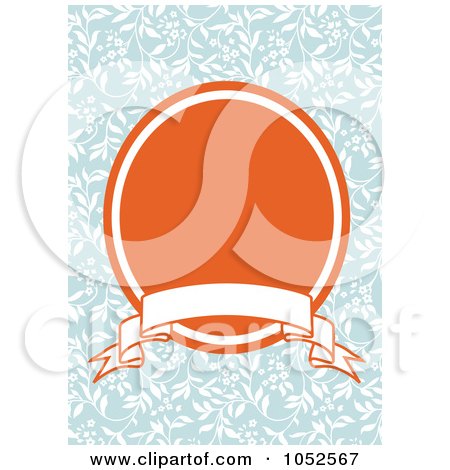 Royalty-Free Vector Clip Art Illustration of a Blue Floral Invitation Background With An Orange Oval And Blank Banner by BestVector