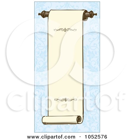 Royalty-Free Vector Clip Art Illustration of a Vertical Scroll Suspended Over A Blue Floral Background by BestVector