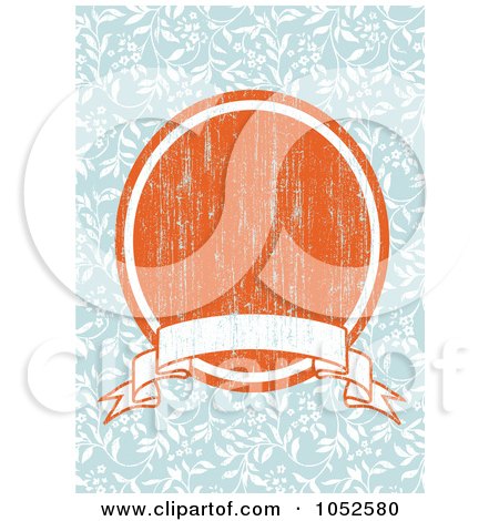 Royalty-Free Vector Clip Art Illustration of a Blue Floral Invitation Background With A Distressed Orange Oval And Blank Banner by BestVector