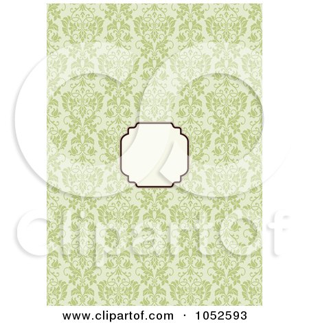 Royalty-Free Vector Clip Art Illustration of a Blank Text Box Over A Green Damask Floral Invitation Background by BestVector