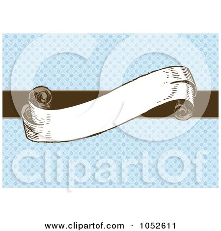 Royalty-Free Vector Clip Art Illustration of a Blank Scroll On A Brown Bar Over Floral Blue by BestVector