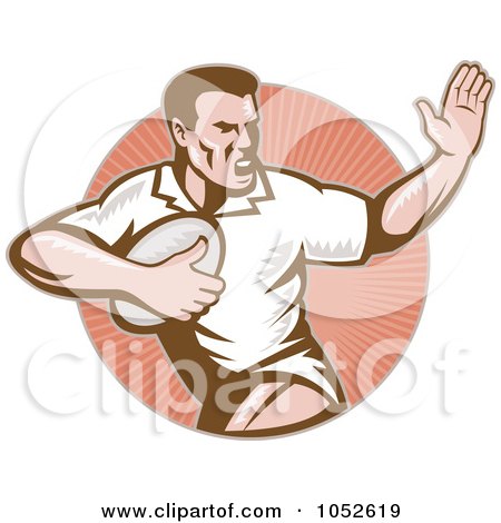 Royalty-Free Vector Clip Art Illustration of a Rugby Football Man Over A Circle Of Rays by patrimonio