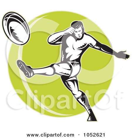 Royalty-Free Vector Clip Art Illustration of a Rugby Football Man Over A Green Circle by patrimonio