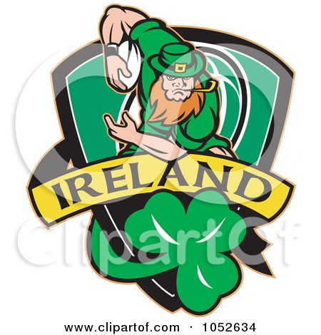 Royalty-Free Vector Clip Art Illustration of a Rugby Leprechaun Over A Green Shield by patrimonio