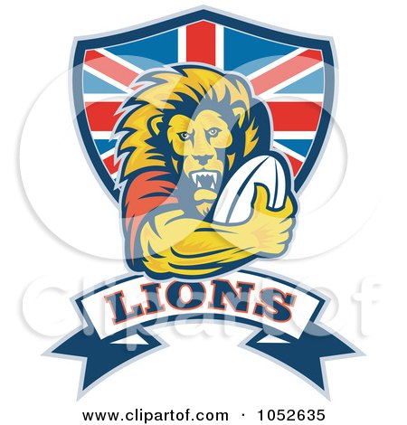 Royalty-Free Vector Clip Art Illustration of a Rugby Lion Over A Uk Shield by patrimonio