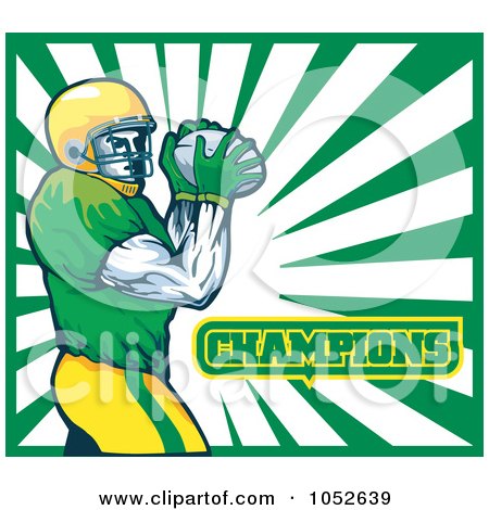Royalty-Free Vector Clip Art Illustration of an American Football Player With Champions Text Against White And Green Rays by patrimonio