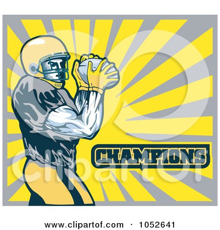 Royalty-Free Vector Clip Art Illustration of an American Football Player With Champions Text Against Yellow And Gray Rays by patrimonio