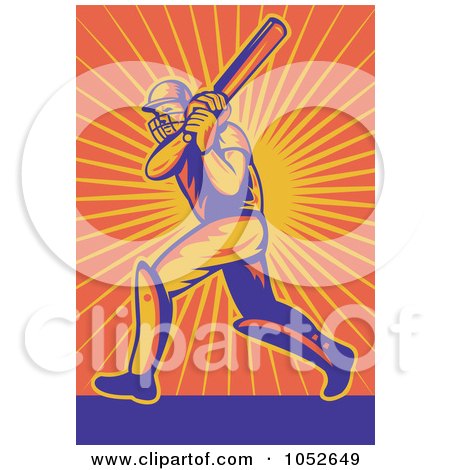 Royalty-Free Vector Clip Art Illustration of a Cricket Batsman Over Orange Rays by patrimonio