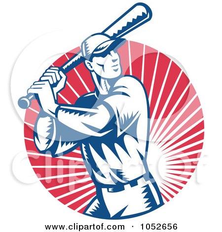 Royalty-Free Vector Clip Art Illustration of a Baseball Player Batting Over A Red Ray Circle by patrimonio