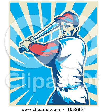 Royalty-Free Vector Clip Art Illustration of a Baseball Player Batting Over Blue And Beige Rays by patrimonio