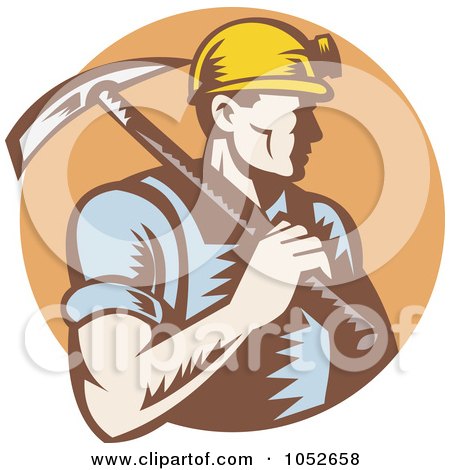 Royalty-Free Vector Clip Art Illustration of a Retro Coal Miner Carrying A Pickaxe Over A Brown Circle by patrimonio