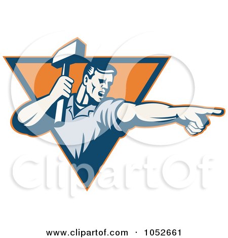 Royalty-Free Vector Clip Art Illustration of a Retro Worker Man Holding A Hammer And Pointing Logo by patrimonio