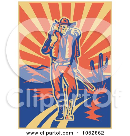 Royalty-Free Vector Clip Art Illustration of a Retro Cowboy Walking With A Pack And Rifle In A Desert by patrimonio