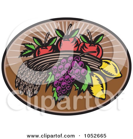Royalty-Free Vector Clip Art Illustration of a Retro Wheat, Grapes, Lemons And Apples Logo by patrimonio