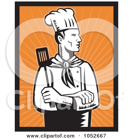 Royalty-Free Vector Clip Art Illustration of a Retro Chef Over Orange Rays by patrimonio