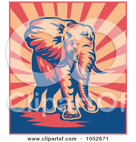 Royalty-Free Vector Clip Art Illustration of a Retro Elephant Walking Over Beige And Red Rays by patrimonio