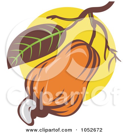 Royalty-Free Vector Clip Art Illustration of an Orange Cashew Fruit On A Tree Over Yellow by patrimonio