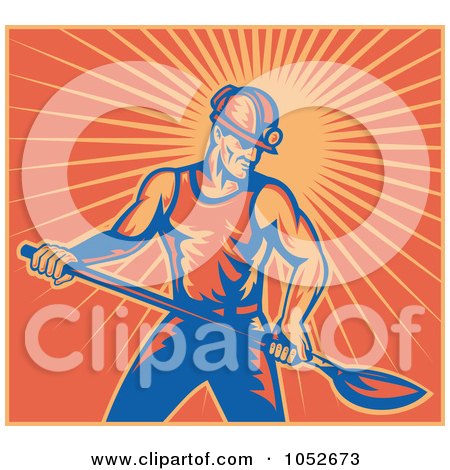 Royalty-Free Vector Clip Art Illustration of a Retro Coal Miner Holding A Shovel, Over Orange Rays by patrimonio