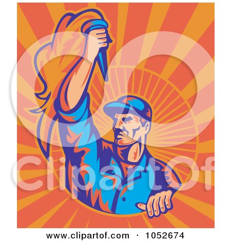 Royalty-Free Vector Clip Art Illustration of a Retro Worker Holding A Torch On Orange Rays by patrimonio