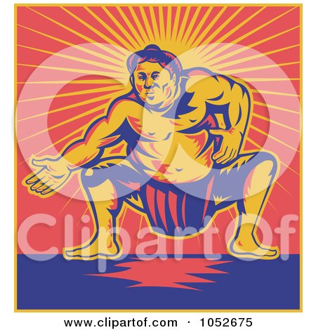 Royalty-Free Vector Clip Art Illustration of a Retro Sumo Wrestler Against Red And Yellow Rays by patrimonio