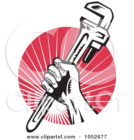 Royalty-Free Vector Clip Art Illustration of a Retro Plumber Hand Holding A Wrench Over Red Rays by patrimonio