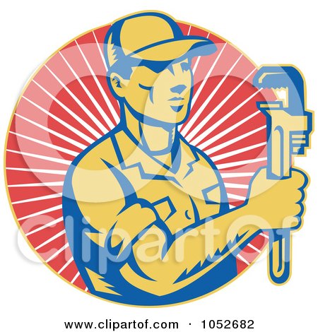 Royalty-Free Vector Clip Art Illustration of a Retro Plumber Over Red Rays Logo by patrimonio
