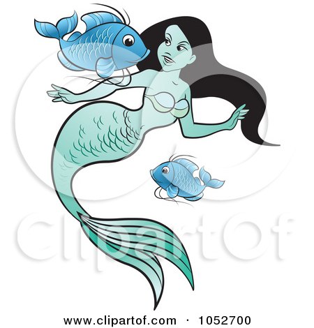 Royalty-Free Vector Clip Art Illustration of a Black Haired Mermaid With Blue Fish by Lal Perera