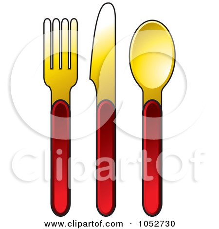 Royalty-Free Vector Clip Art Illustration of a Digital Collage Of A Red And Gold Fork, Knife And Spoon by Lal Perera