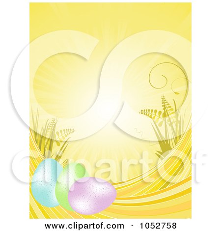 Royalty-Free Vector Clip Art Illustration of a Background With Rays, Easter Eggs And Plants by elaineitalia