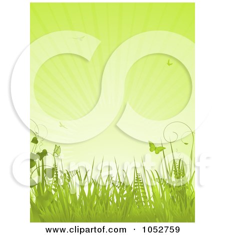 Royalty-Free Vector Clip Art Illustration of a Vertical Green Spring Background Of Butterflies, Grasses And Rays by elaineitalia