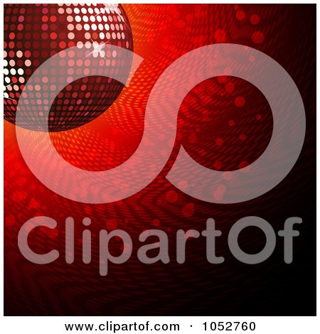 Royalty-Free Vector 3d Clip Art Illustration of a 3d Shiny Red Disco Ball Background Over Red Halftone by elaineitalia