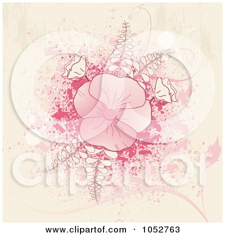 Royalty-Free Vector Clip Art Illustration of a Pink Background Of Flowers, Ferns And Splatters On Beige by elaineitalia