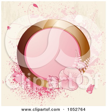 Royalty-Free Vector Clip Art Illustration of a Pink Background Of A Gold Circle Frame With Pink Flowers And Splatters by elaineitalia