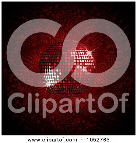 Royalty-Free Vector 3d Clip Art Illustration of a 3d Red Disco Ball Background Over Spiraling Red Halftone by elaineitalia