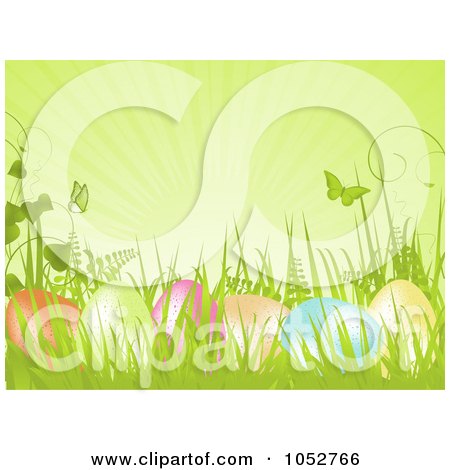 Royalty-Free Vector Clip Art Illustration of a Background With Rays, Butterflies, Easter Eggs And Plants by elaineitalia
