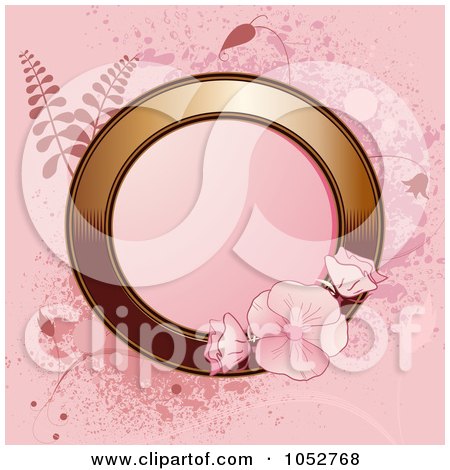 Royalty-Free Vector Clip Art Illustration of a Pink Background Of A Gold Circle Frame With Pink Flowers, Ferns And Grunge by elaineitalia