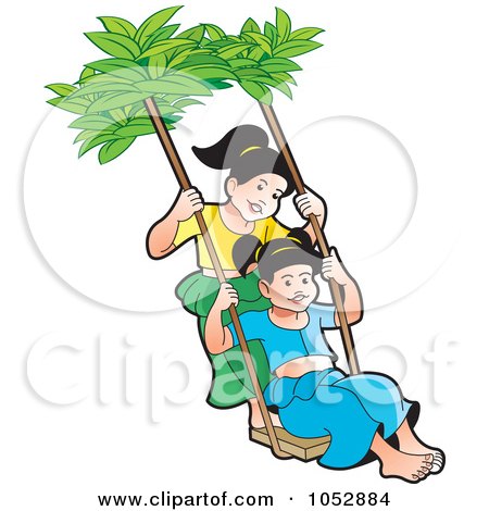 Royalty-Free Vector Clip Art Illustration of Two Sinhala New Year Girls Swinging by Lal Perera