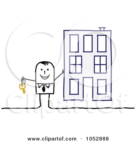 Royalty-Free Vector Clip Art Illustration of a Stick Figure Man Holding The Key To An Apartment Building by NL shop