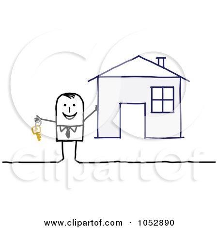 Royalty-Free Vector Clip Art Illustration of a Stick Figure Man Holding The Key To A House by NL shop